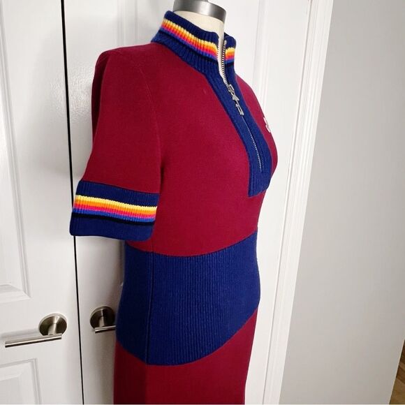 $1250 Marina Moscone Cycling Wool Dress Turtleneck Sweater M Red Burgundy Blue - Picture 8 of 12